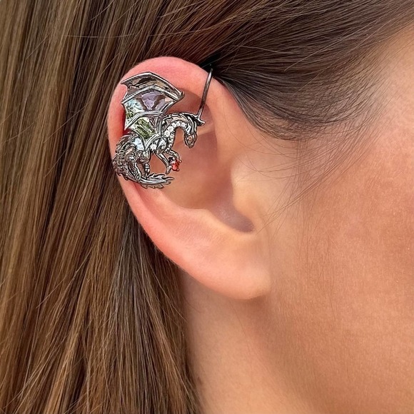 Dragon non-pierced ear cuff with CZ diamonds -  Black Silver - Picture 1 of 3